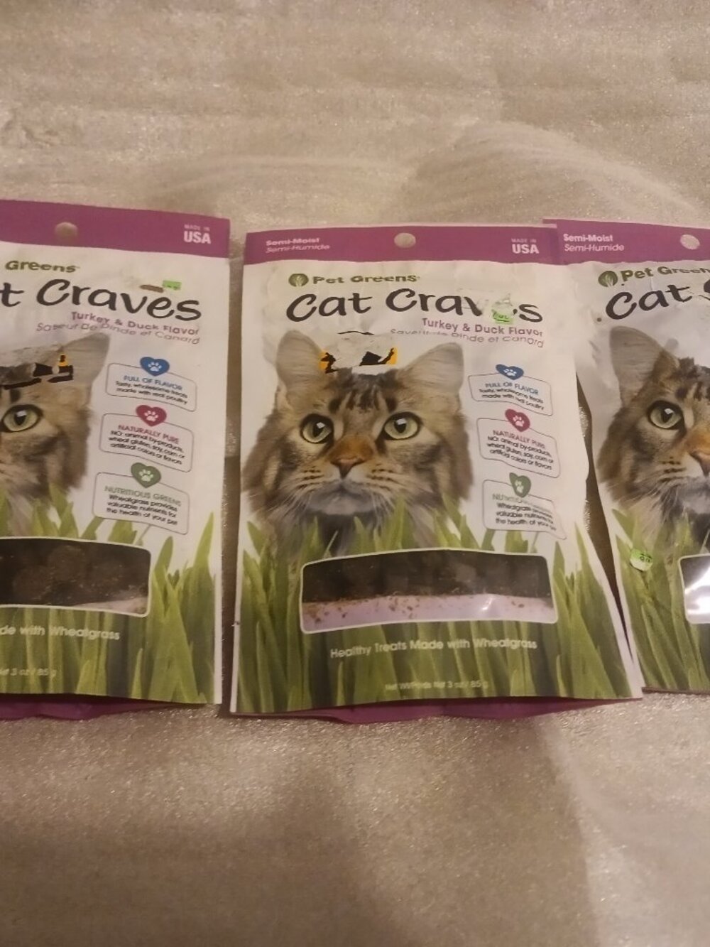 3 Pack Pet Greens Semi-Moist Cat Craves Treats Turkey and Duck
